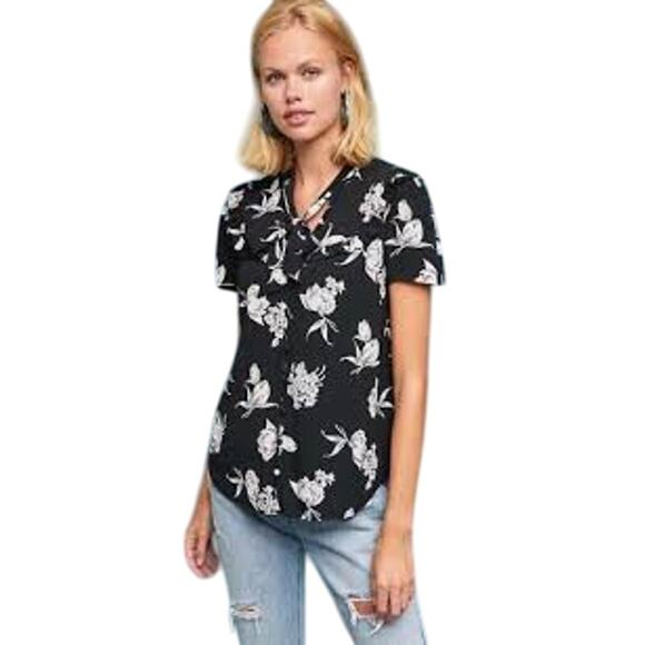 Maeve Anthropologie Adagio Ruffle Blouse Black White Floral Short Sleeve Women M - Picture 1 of 6